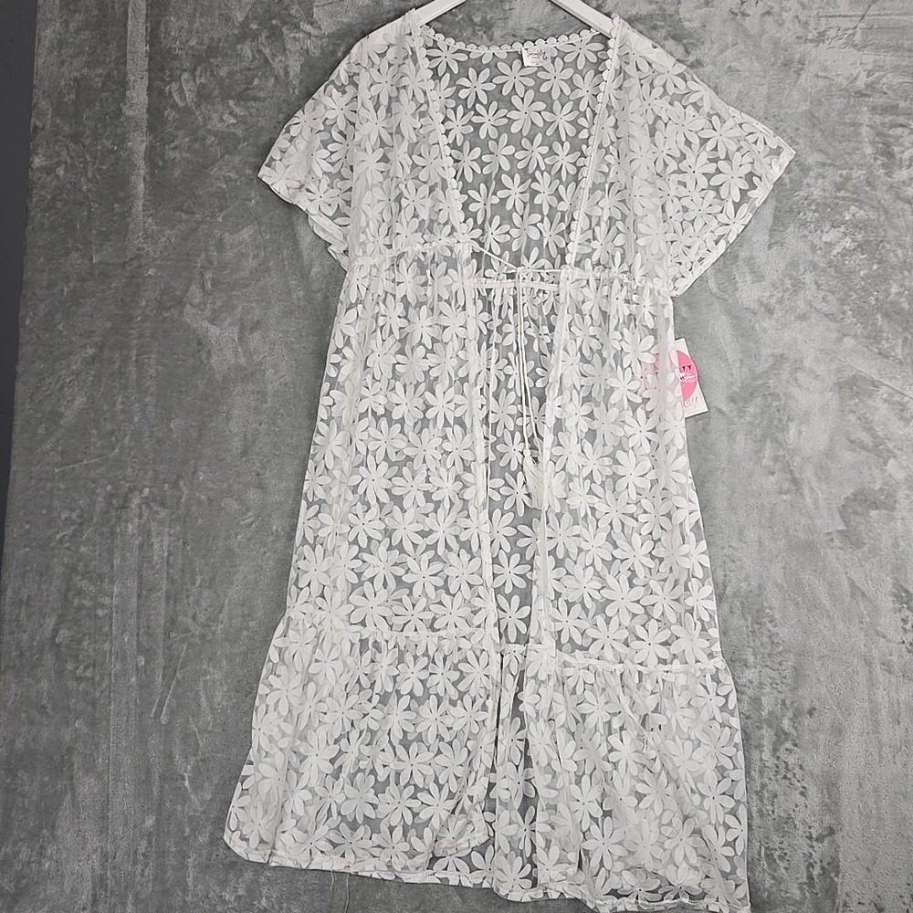 Siren Lily Womens‎ Open Front Cover Up Swim Medium White Floral Travel Beach